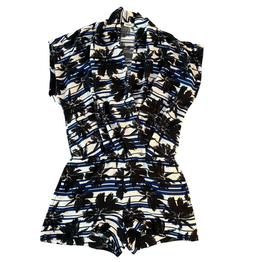 L'AGENCE Palm Print Romper Women's Small Black Blue White Casual Summer